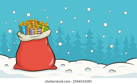 Christmas background with gift bag. Cartoon illustration