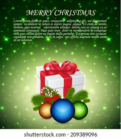 Christmas background with gift and christmas balls. EPS10 vector