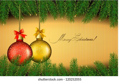Christmas background with gift balls and fir branches. Vector illustration