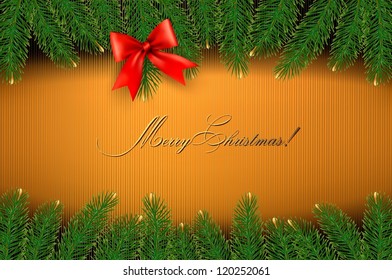 Christmas background with gift bow and fir branches. Vector illustration