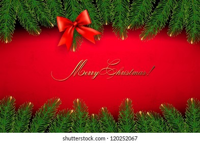 Christmas background with gift bow and fir branches. Vector illustration