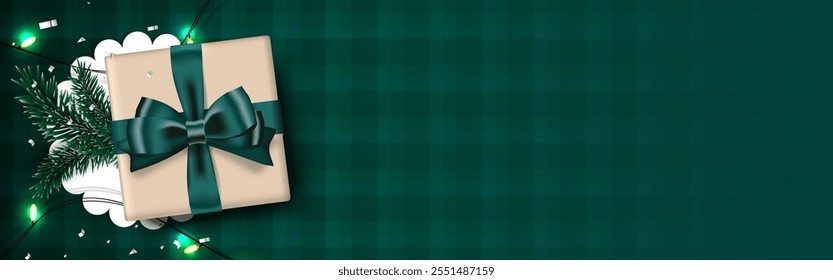 Christmas background. Gift box in craft style with pine branch, light decoration, top view design on green plaid pattern background. Blank space for your text. Horizontal design. Vector illustration.