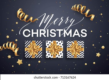 Christmas background with gift box with gold bow, streamers, confetti, a sprig of Christmas tree. Template for postcard, booklet, leaflets, poster. Vector illustration EPS10