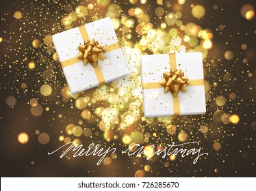 Christmas background with gift box and golden lights bokeh. Xmas greeting card. Magic holiday poster, banner. Night bright gold light background