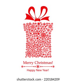 Christmas background with gift box made of snowflakes, with bow