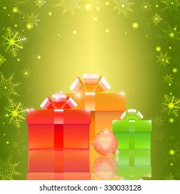 Christmas background with gift box, mirror reflection, vector