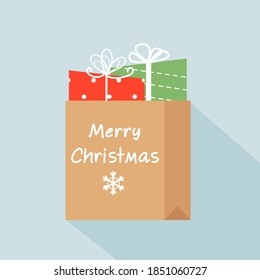 Fondo de Navidad con caja de regalo en la ilustración vectorial de la bolsa de papel.