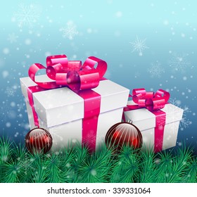 Christmas background with gift box, red balls and fir branches. Vector christmas Illustration.