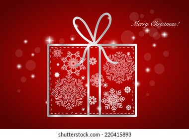 Fondo de Navidad con caja de regalo y copos de nieve, ilustración vectorial.