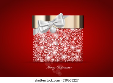Christmas background with gift box and snowflakes, vector illustration.