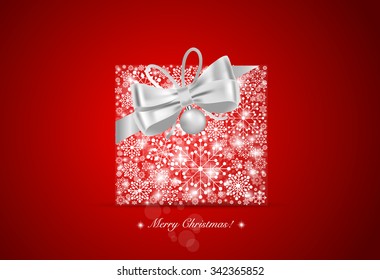 Christmas background with gift box and snowflakes, vector illustration.