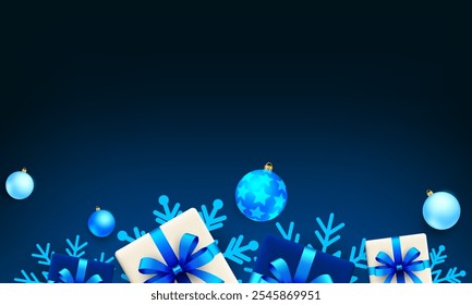Christmas background with gift boxes, christmas balls and snowflakes. Vector illustration