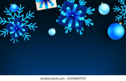 Christmas background with gift boxes, christmas balls and snowflakes. Vector illustration