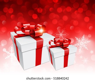 Fondo navideño con cajas de regalo sobre bokek de parpadeo rojo, ilustración vectorial