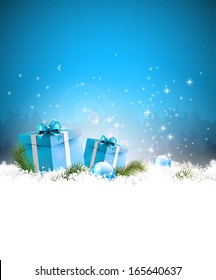 Christmas background with gift boxes in snow
