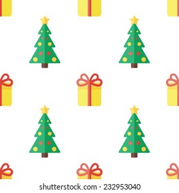 Christmas background with gift and fir in flat style. Vector illustration
