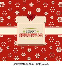 Christmas background with gift shaped label and Christmas message on red background with snowflakes