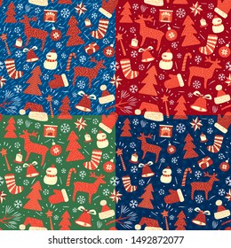 Christmas Background for gift wrapping. A set of different color schemes. Seamless patterns. Vector full color graphics