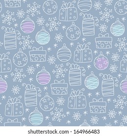 Christmas background with gifts, Christmas balls and snowflakes