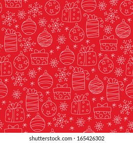 Christmas background with gifts, Christmas balls and snowflakes