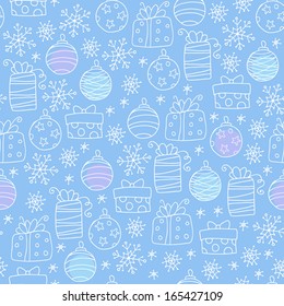 Christmas background with gifts, Christmas balls and snowflakes