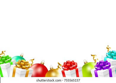 Christmas background with gifts and christmas balls. Vector illustration.