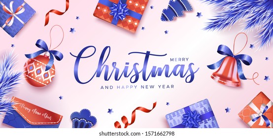 Christmas background with gifts, blue pine branches and festive balls. Unique design for banner, poster or invitation
