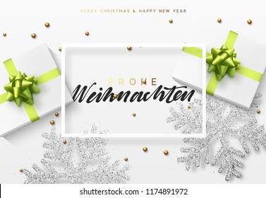 Christmas background with gifts box and shining snowflakes. German text Frohe Weihnachten