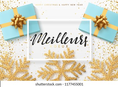 Christmas background with gifts box and shining snowflakes. French text Meilleurs Voeux