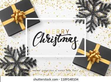 Christmas background with gifts box and shining black snowflakes.  Vector illustration