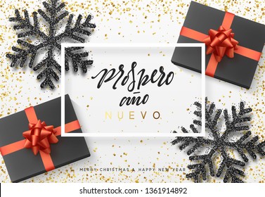 Christmas background with gifts box and shining snowflakes. Spanish text Prospero ano Nuevo translation Merry Christmas. flat top view