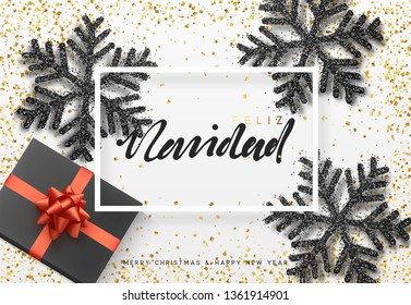 Christmas background with gifts box and shining snowflakes. Spanish text Feliz Navidad translation Merry Christmas. flat top view