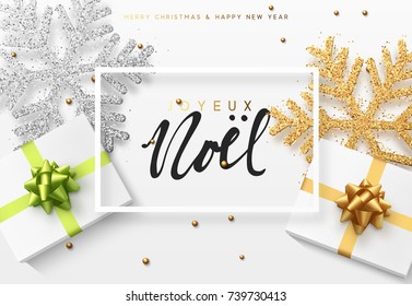 Christmas background with gifts box and shining snowflakes. French text Joyeux Noel