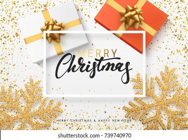 Christmas background with gifts box and shining golden snowflakes. Merry Christmas card vector Illustration.