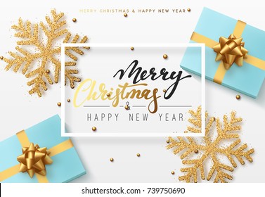 Christmas background with gifts box and shining golden snowflakes. Merry Christmas card vector Illustration.