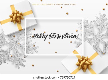 Christmas background with gifts box and shining silver snowflakes. Merry Christmas card vector Illustration. 