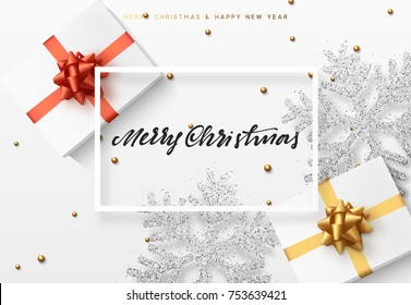 Christmas background with gifts box and shining silver snowflakes. Merry Christmas greeting card vector Illustration.