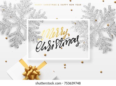 Christmas background with gifts box and shining silver snowflakes. Merry Christmas greeting card vector Illustration.