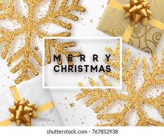 Christmas background with gifts box and shining golden snowflakes. Greeting card Merry Christmas. Vector Illustration.