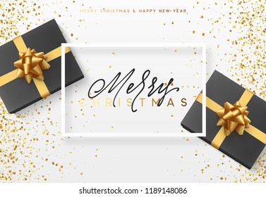 Christmas background with gifts box. Text Merry Christmas in a frame Vector illustration