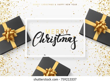 Christmas background with gifts box. Text Merry Christmas in a frame