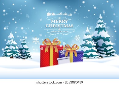 Christmas Background with gifts box and winter forest