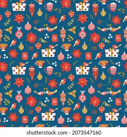 Christmas background. Gifts, Christmas decorations, a cup of cocoa, poinsettia flowers. Hand-drawn style. Design for fabric, packaging, wrapping paper.