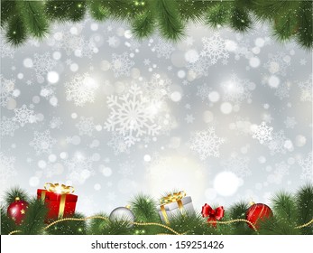 Christmas background of gifts and decorations in fir tree branches