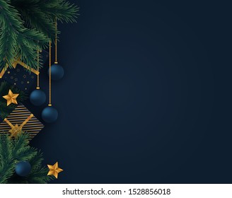 Christmas background with christmas gifts and fir branches.