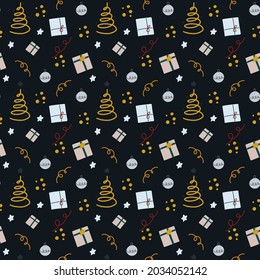 Christmas background with gifts and  fir-tree. Vector seamless pattern