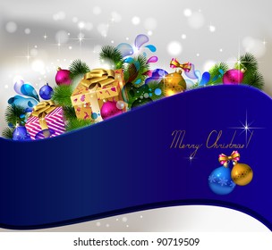 Christmas background with  gifts and green fir tree