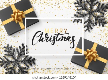Christmas background with gifts and shining black snowflakes. Christmas background with gifts and shining black snowflakes.