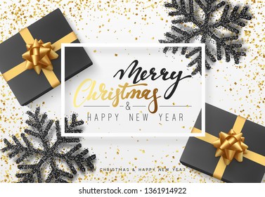 Christmas background with gifts and shining black snowflakes. Merry Christmas card vector Illustration. flat top view