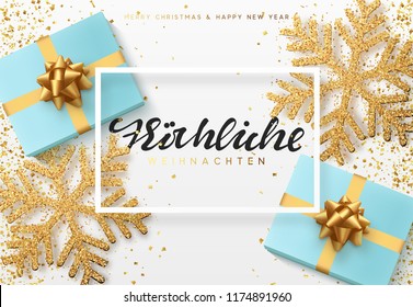 Christmas background with gifts and shining golden snowflakes. German text Frohliche Weihnachten.